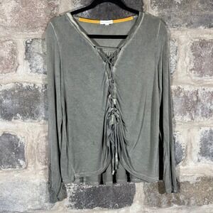 Coco‎ Jaimeson Olive Green Lace Up Crochet Cuff Long Sleeve Top Women's Medium